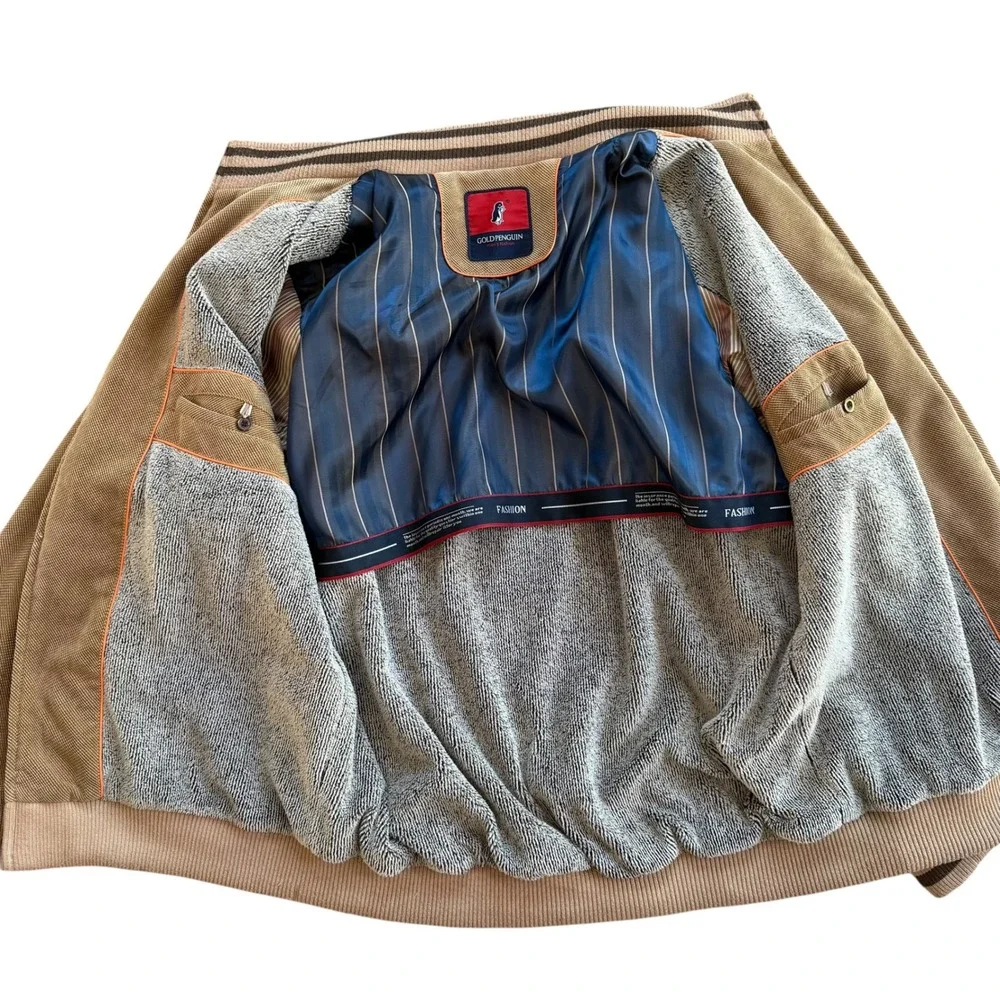 Gold Penguin Men's Bomber Jacket Tan Corduroy Varsity Style Full Zip Size Large‎